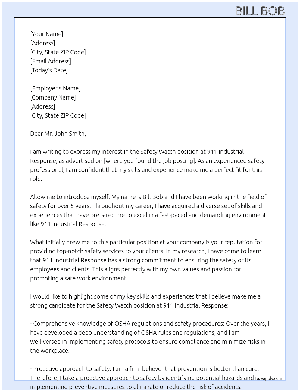 safety watch At 911 industrial response Cover Letter