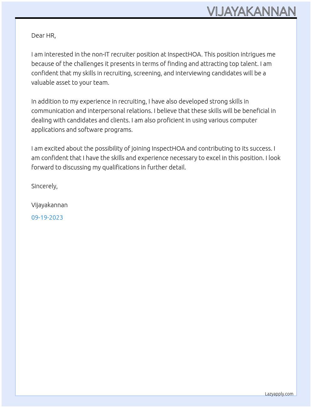 Non it recruiter  At InspectHOA Cover Letter