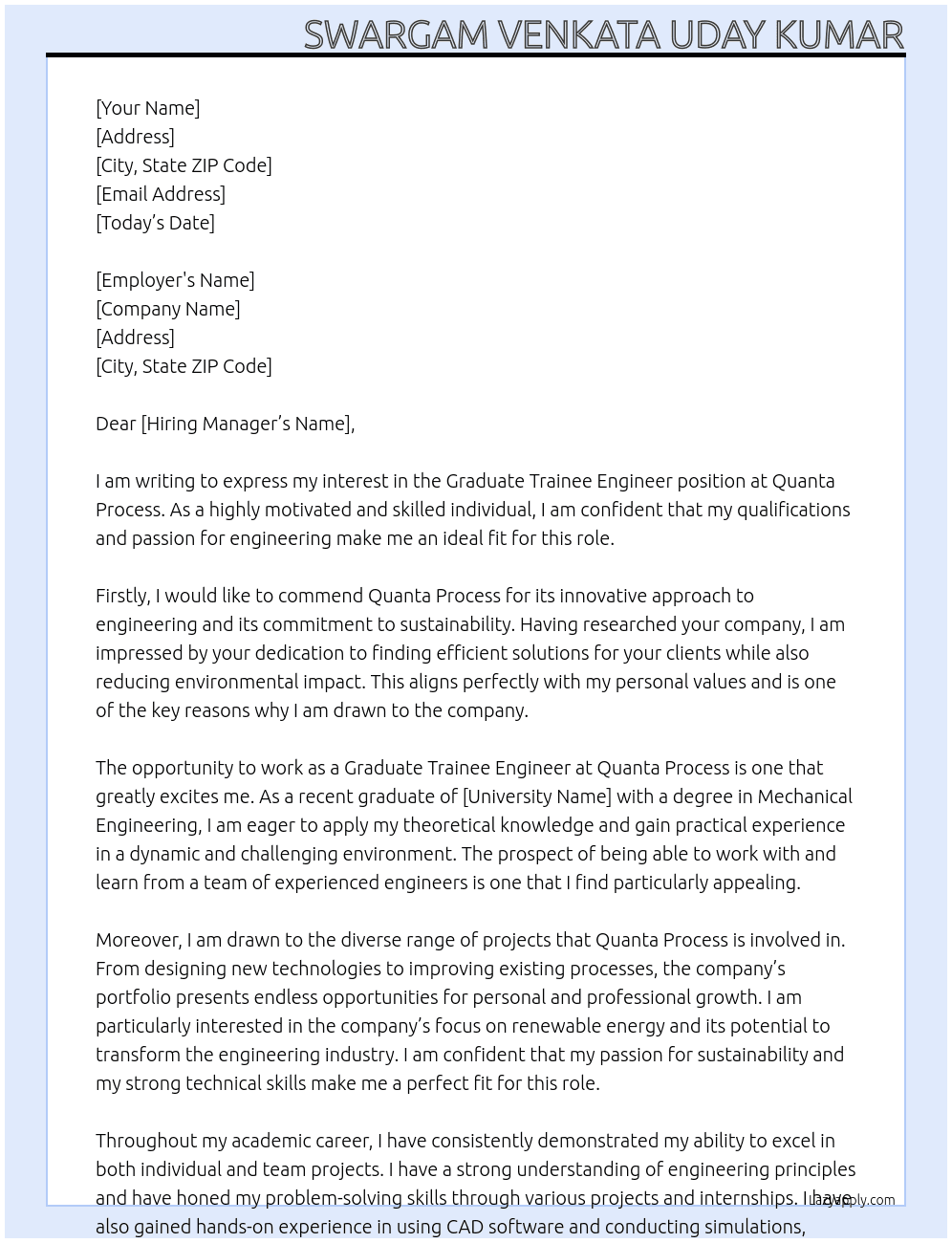 Graduate trainee engineer At Quanta process Cover Letter