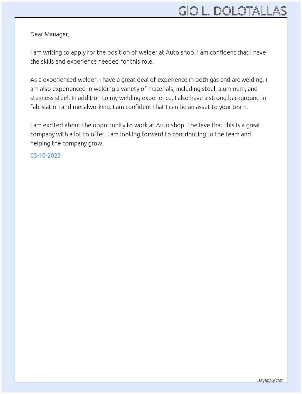 welder  At Auto shop Cover Letter