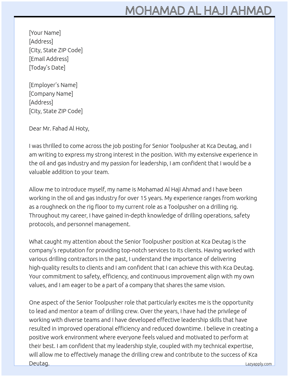 Cover letter for senior toolpusher - LazyApply