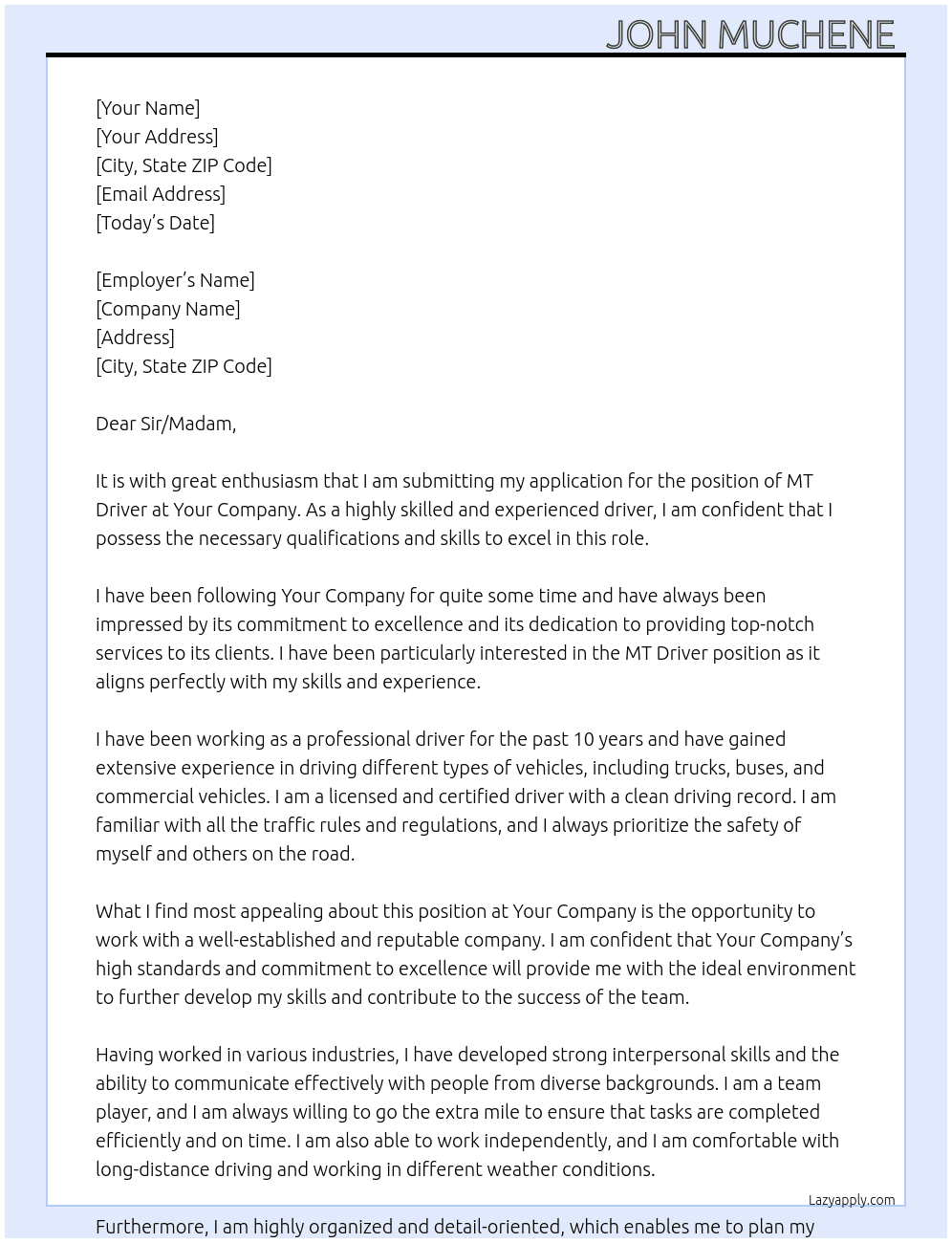 Cover letter for mt driver - LazyApply