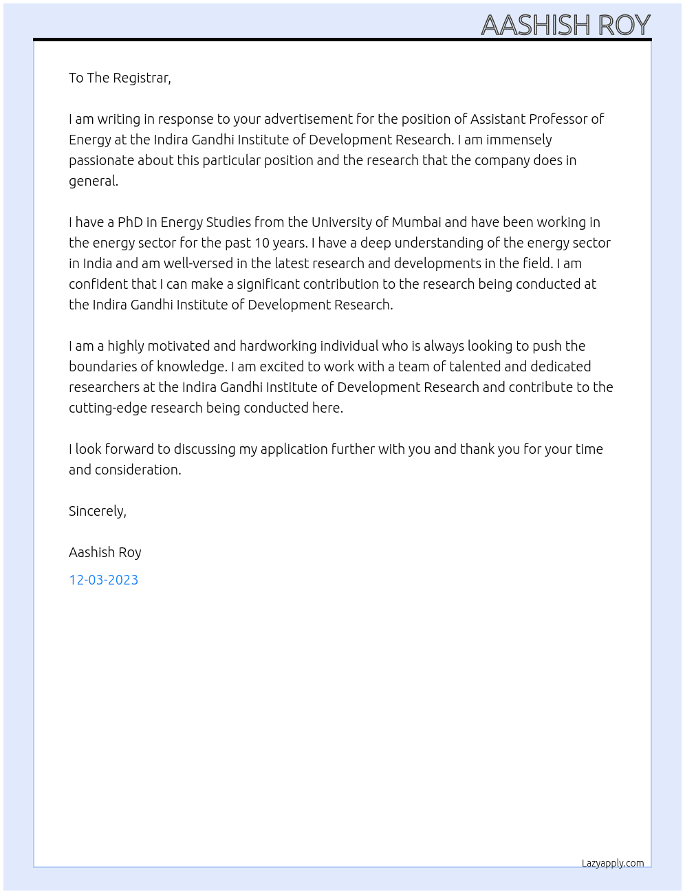Assistant Professor of Energy At Indira Gandhi Institute of Development Research Cover Letter