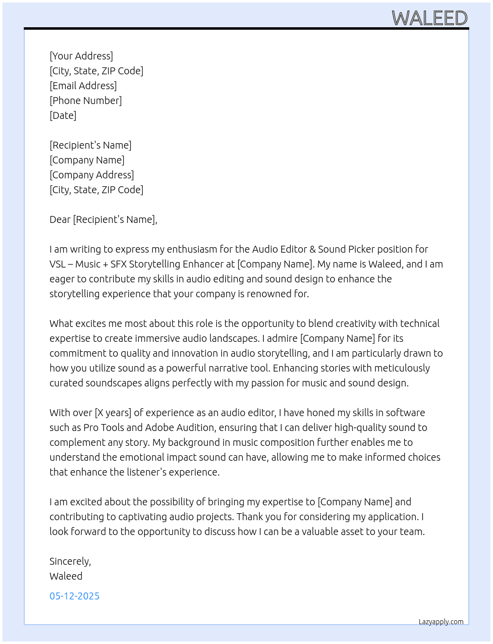 Cover letter for audio editor & sound picker for vsl – music + sfx storytelling enhancer - LazyApply