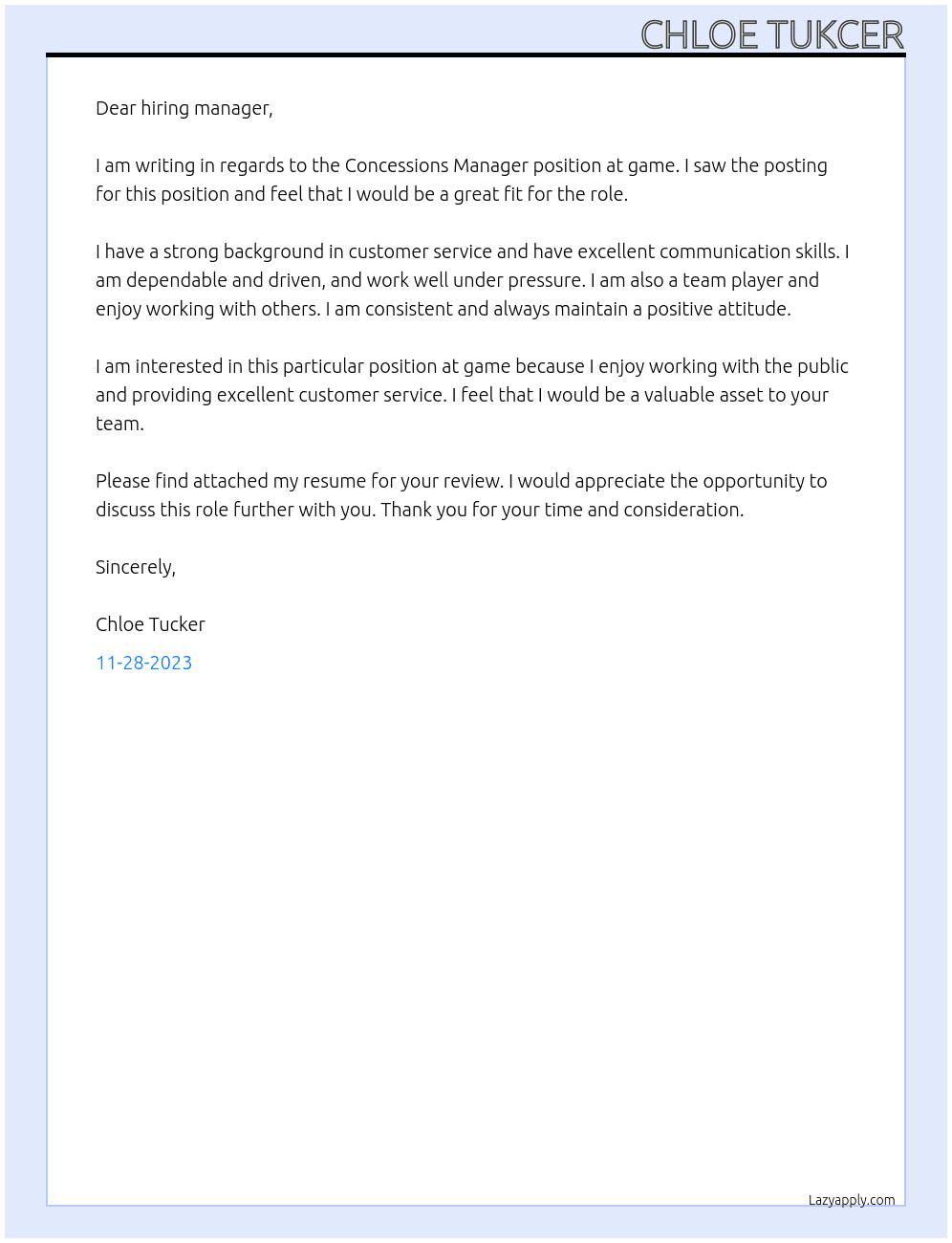 Concessions Manager At game Cover Letter