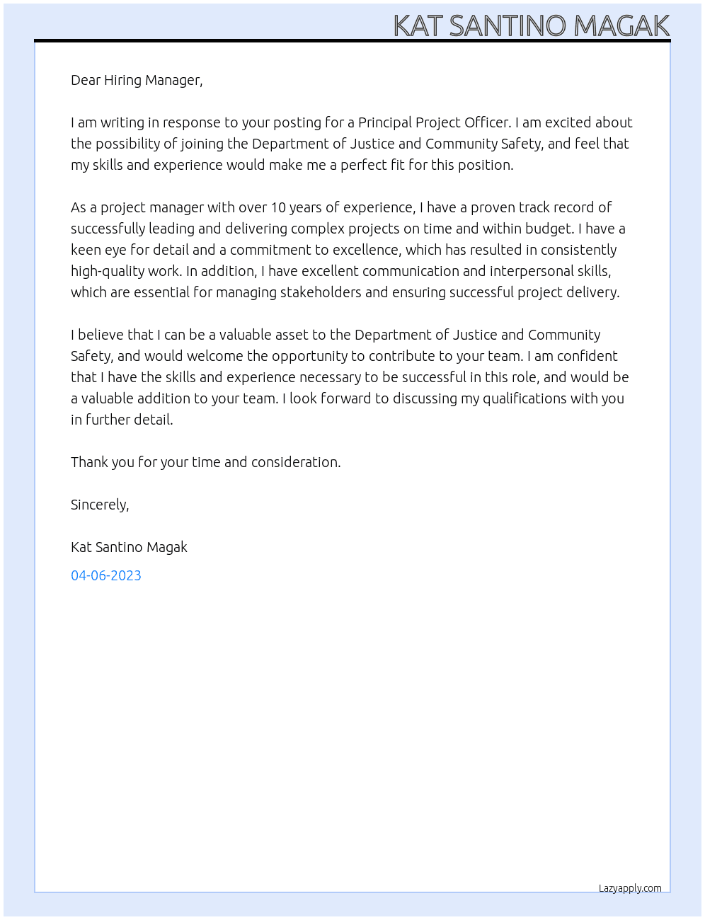 Principal Project Officer At Department of Justice and Community Safety Cover Letter