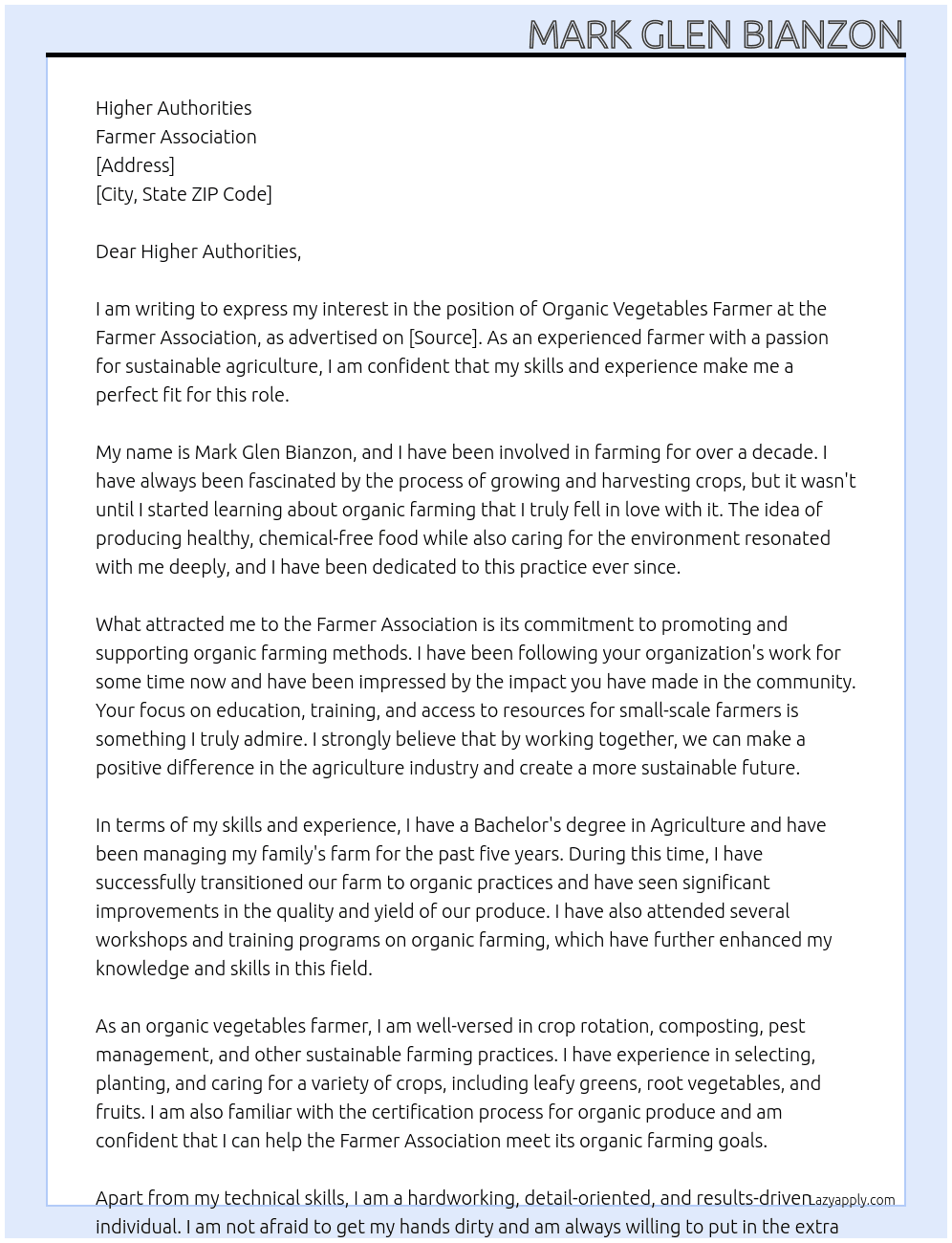 Organic Vegetables Farmer At Farmer Association Cover Letter