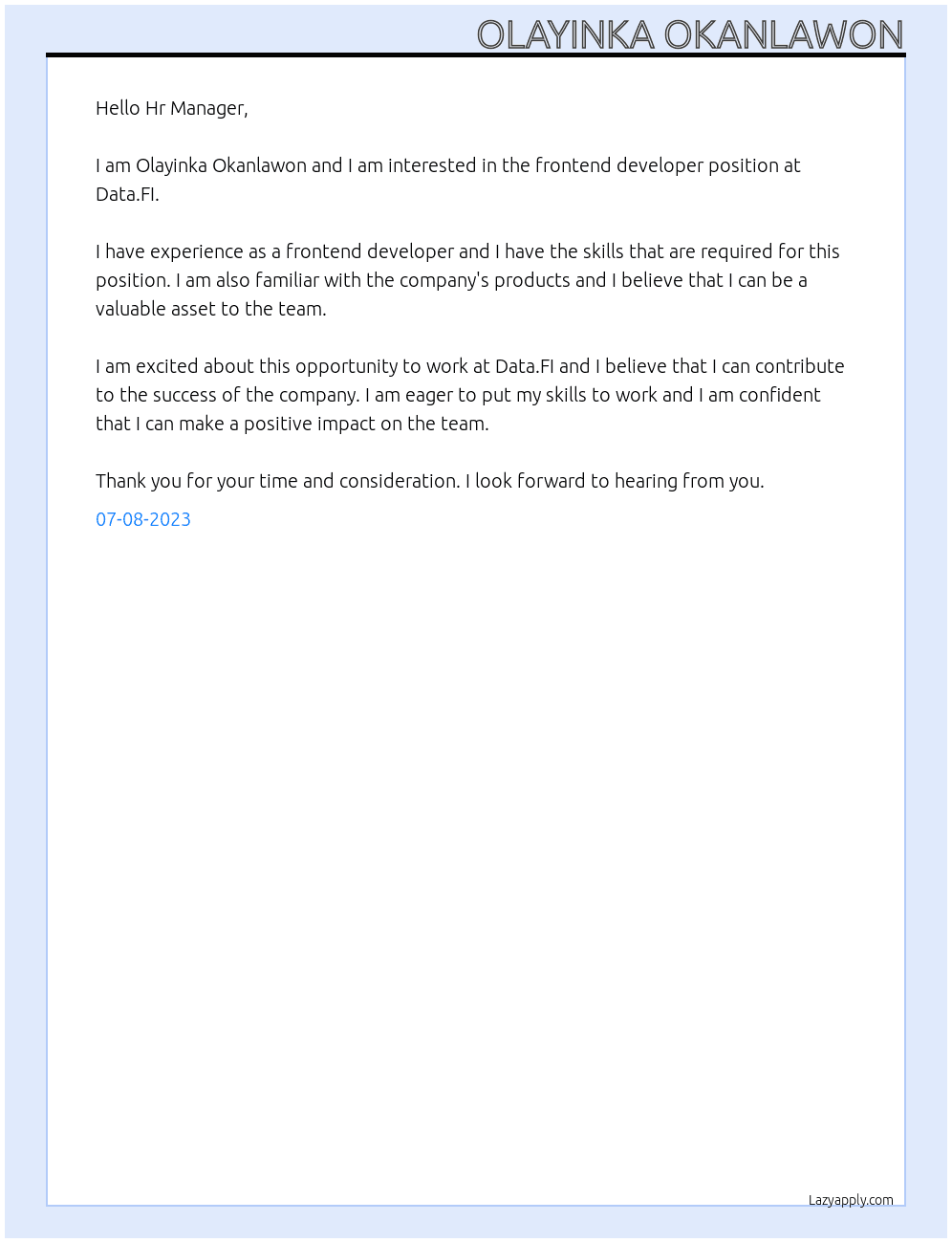 Frontend developer At Data.FI Cover Letter