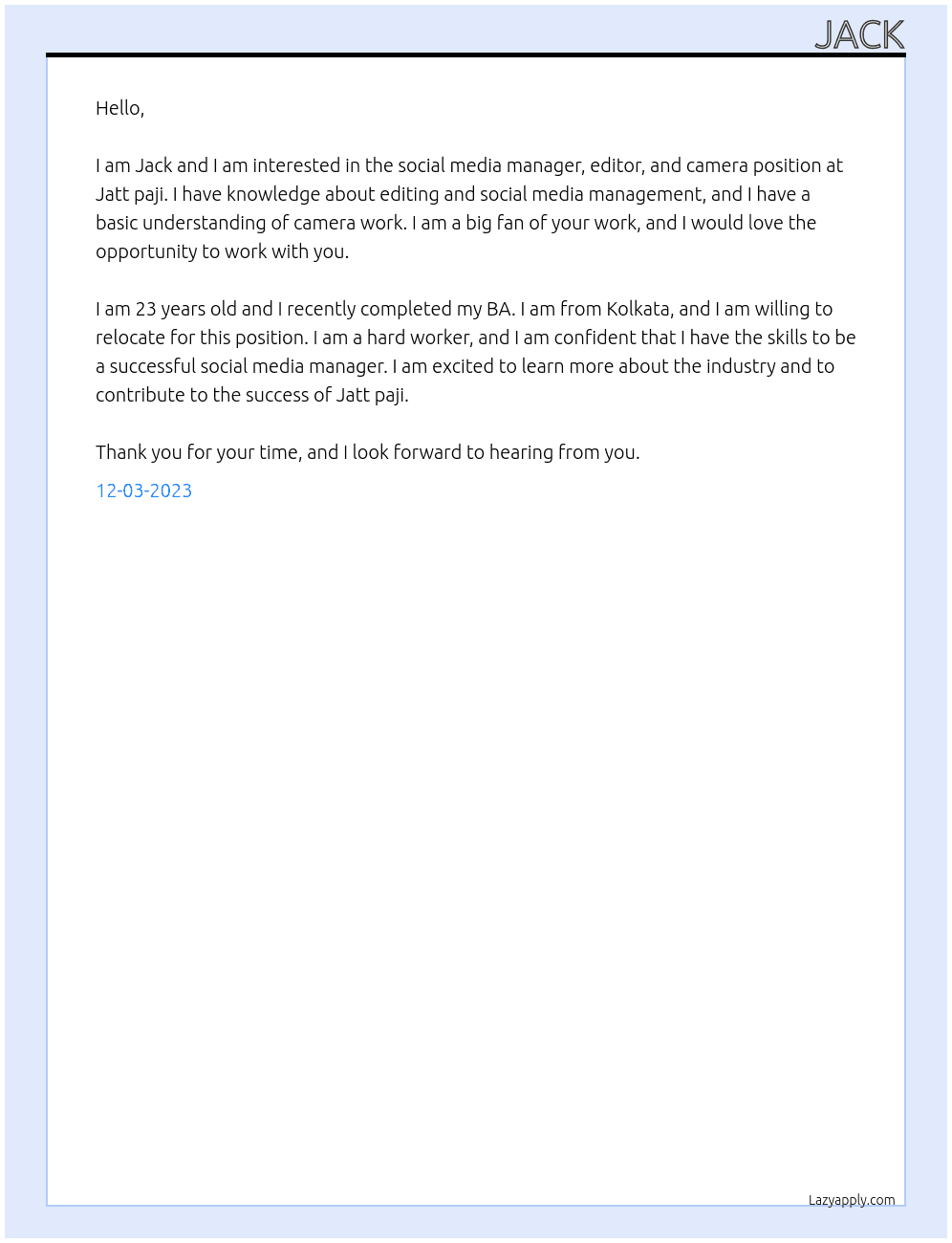 Social media Manager, editor, camera At Jatt paji Cover Letter