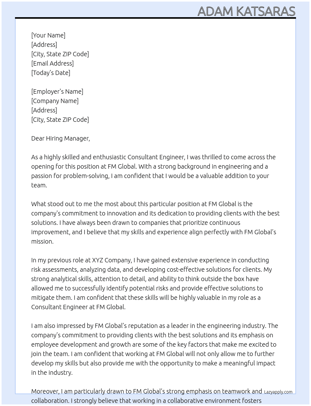 Consultant Engineer At FM Global Cover Letter