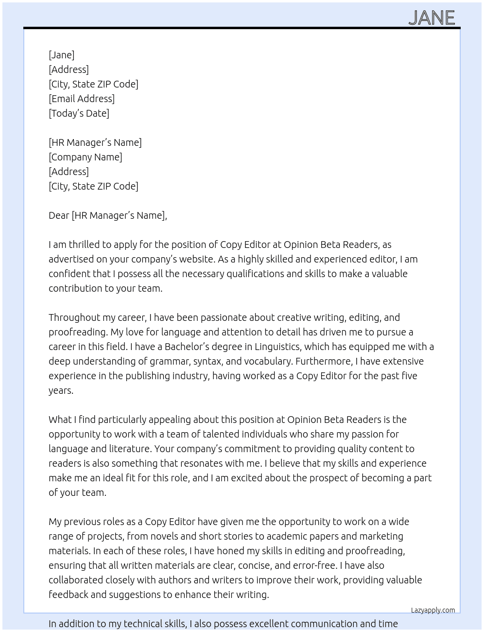 Copy editor  At Opinion Beta Readers  Cover Letter