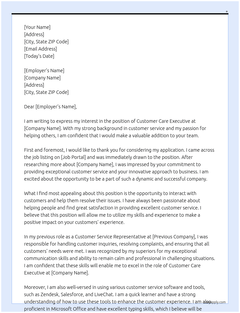 Customer Care Executive At . Cover Letter