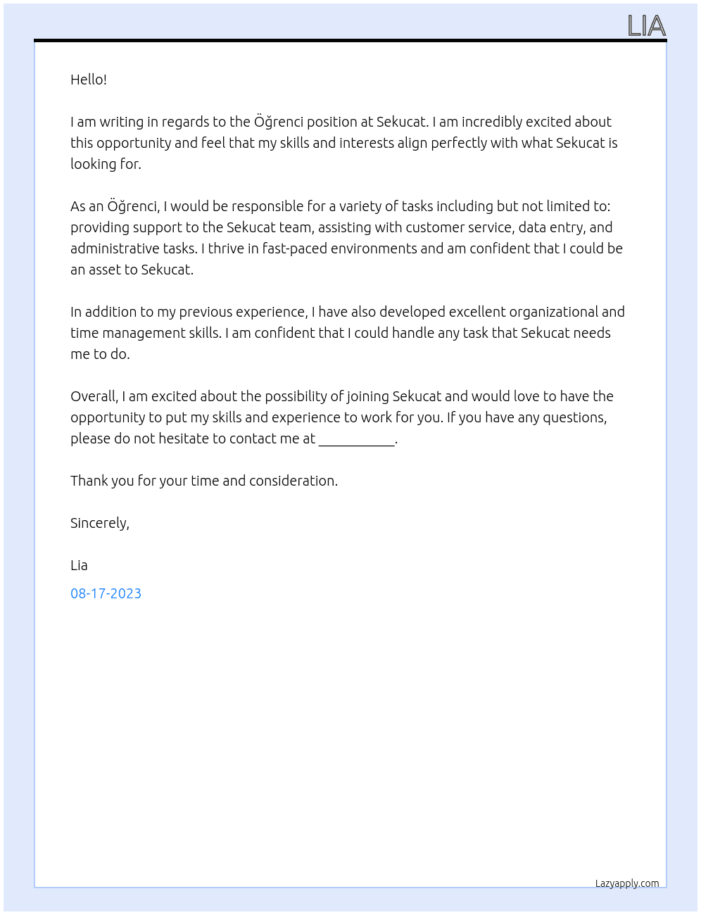 Öğrenci At Sekucat Cover Letter