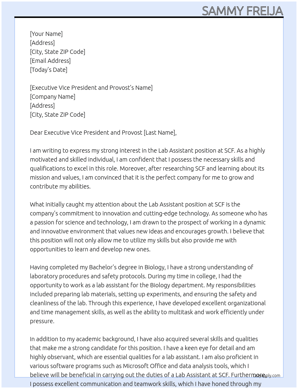 Lab Assistant  At SCF Cover Letter