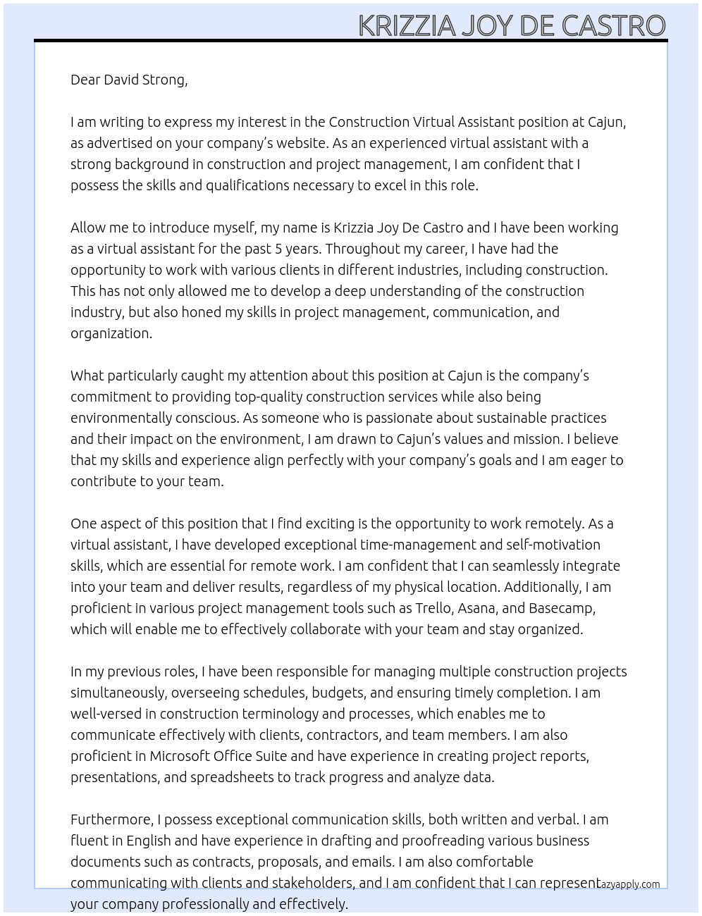 Construction Virtual Assistant At Cajun Cover Letter
