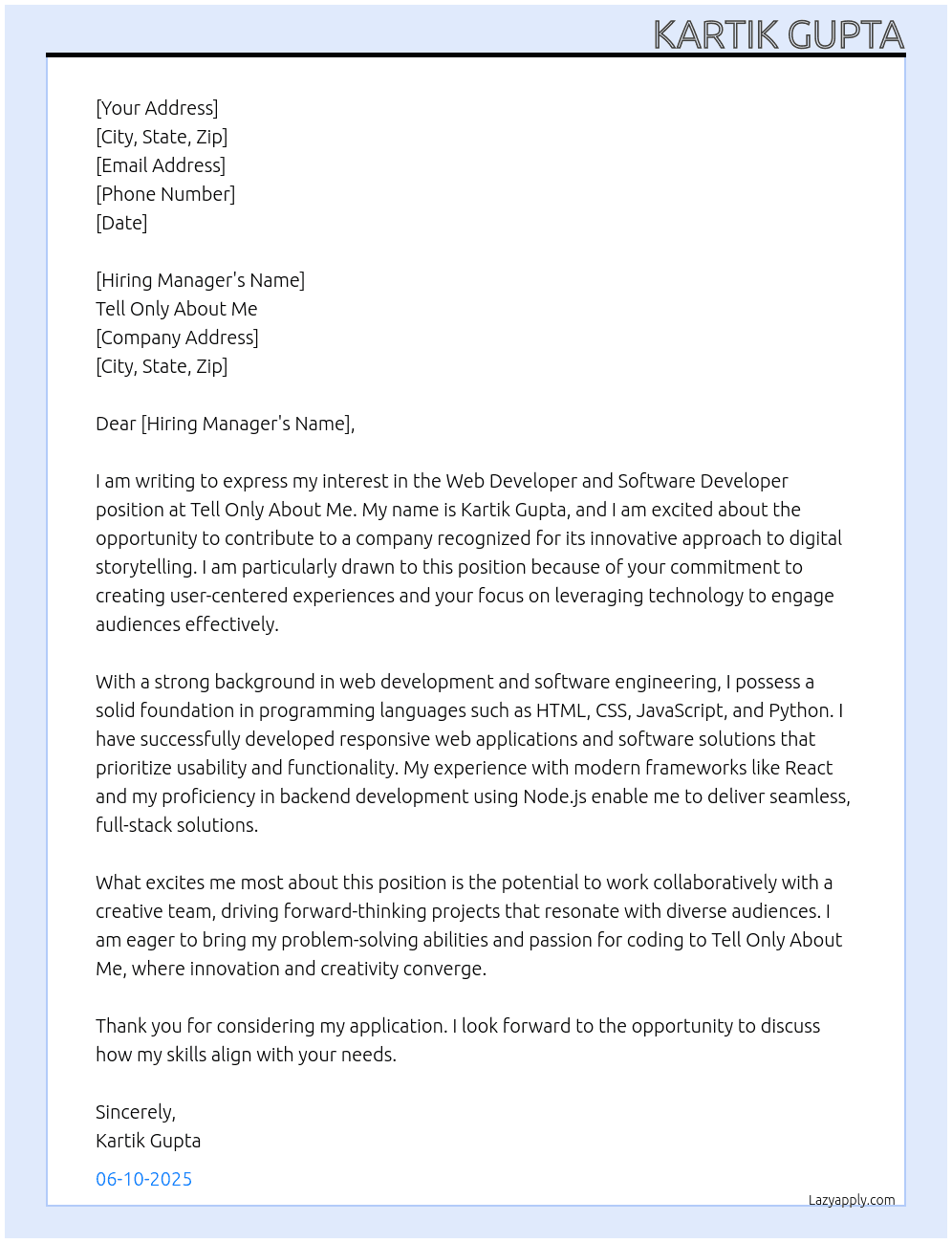 Cover letter for we developer and software developer - LazyApply