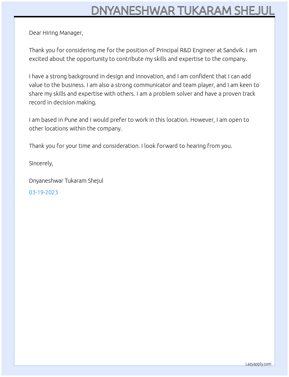Principal R&D Engineer At Sandvik Cover Letter