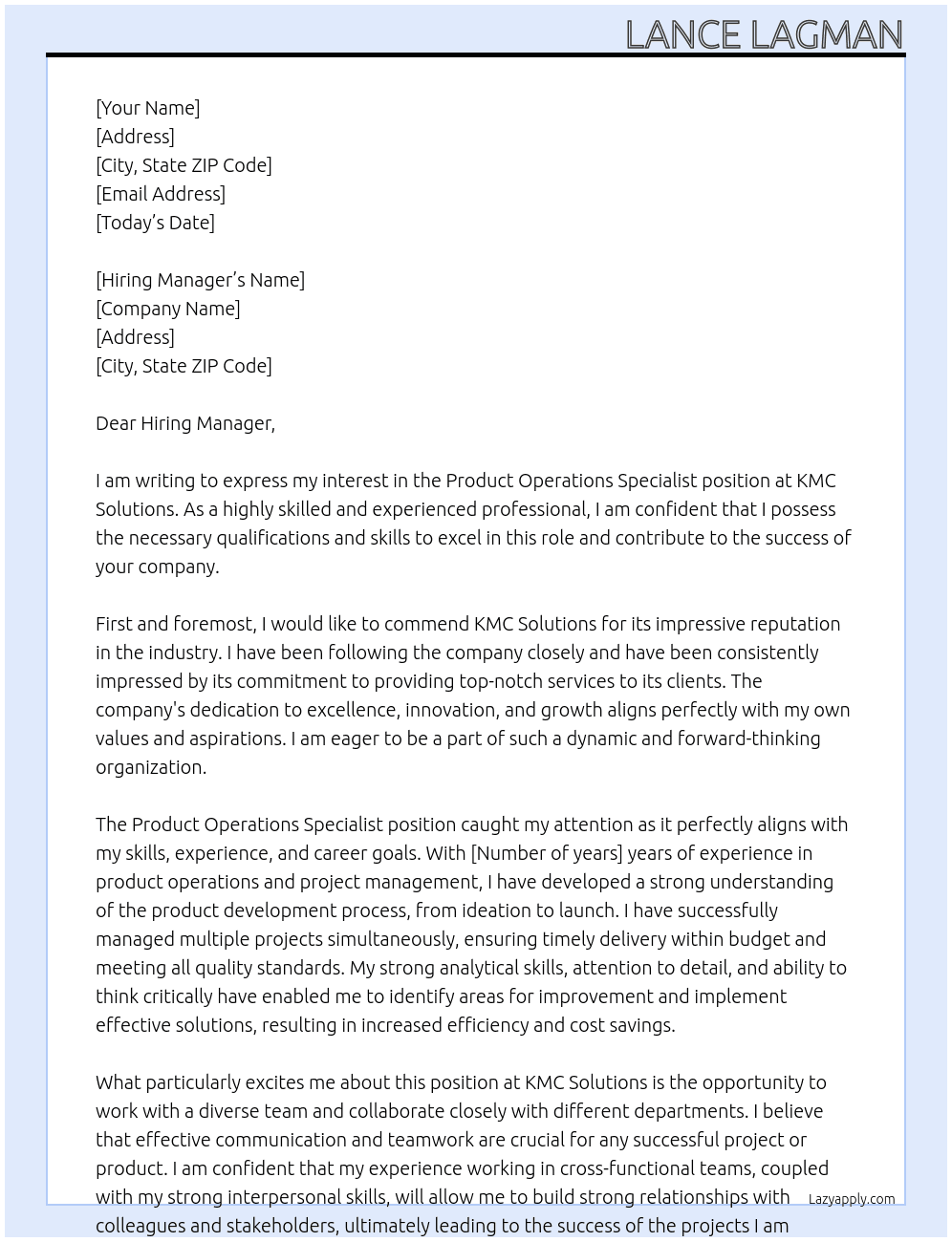 Product Operations Specialist At KMC Solutions Cover Letter