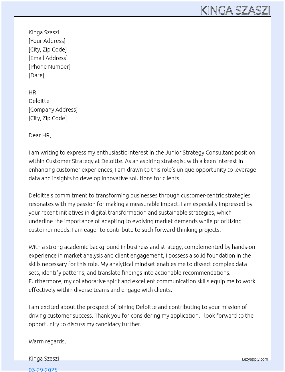 Cover letter for junior strategy consultant at customer strategy - LazyApply