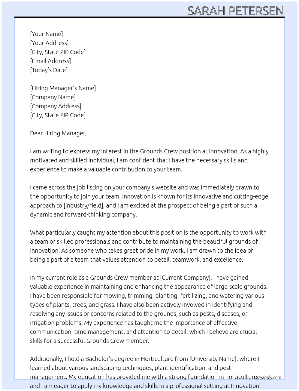 Grounds Crew At Innovation Cover Letter