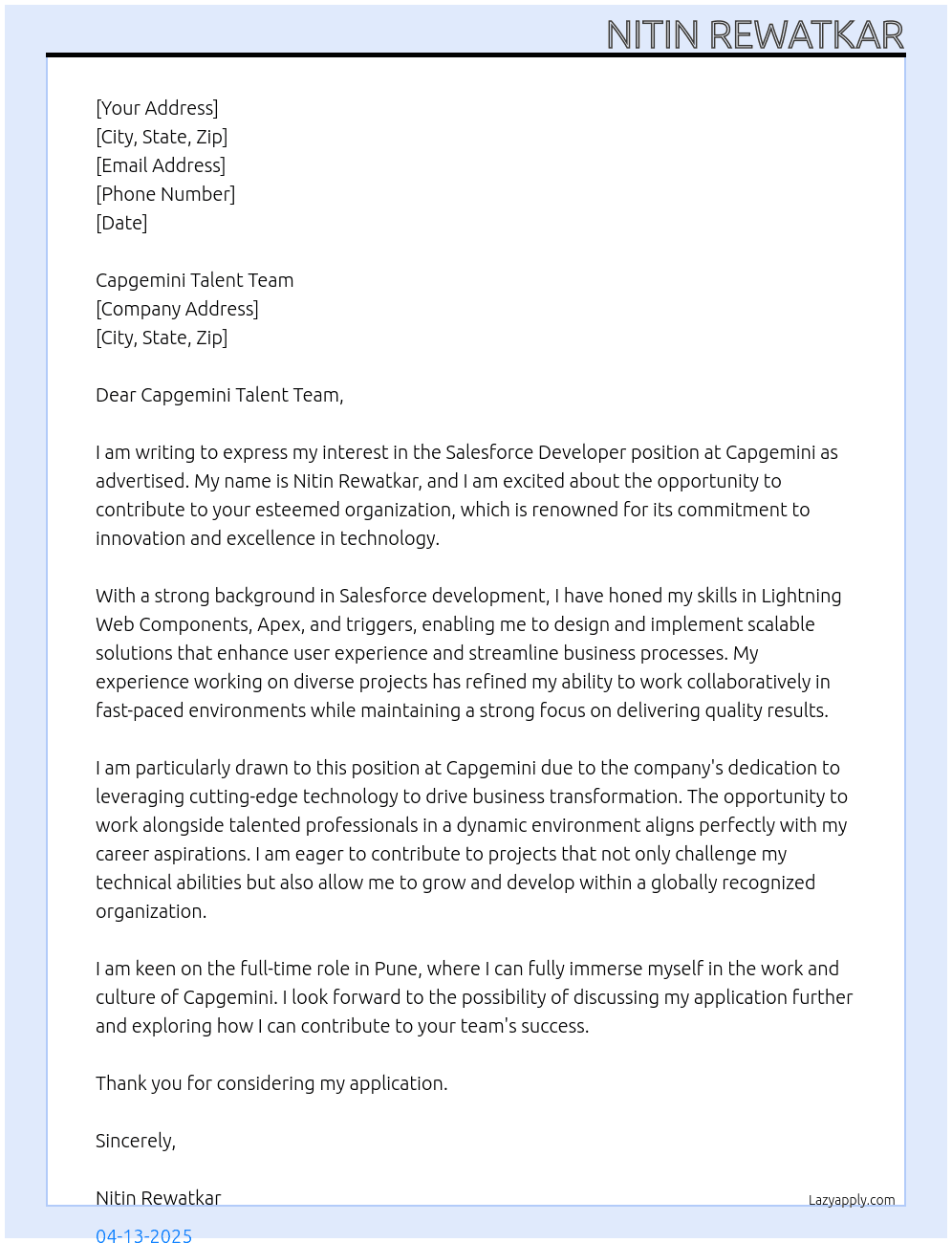 Salesforce developer At Capgemini Cover Letter