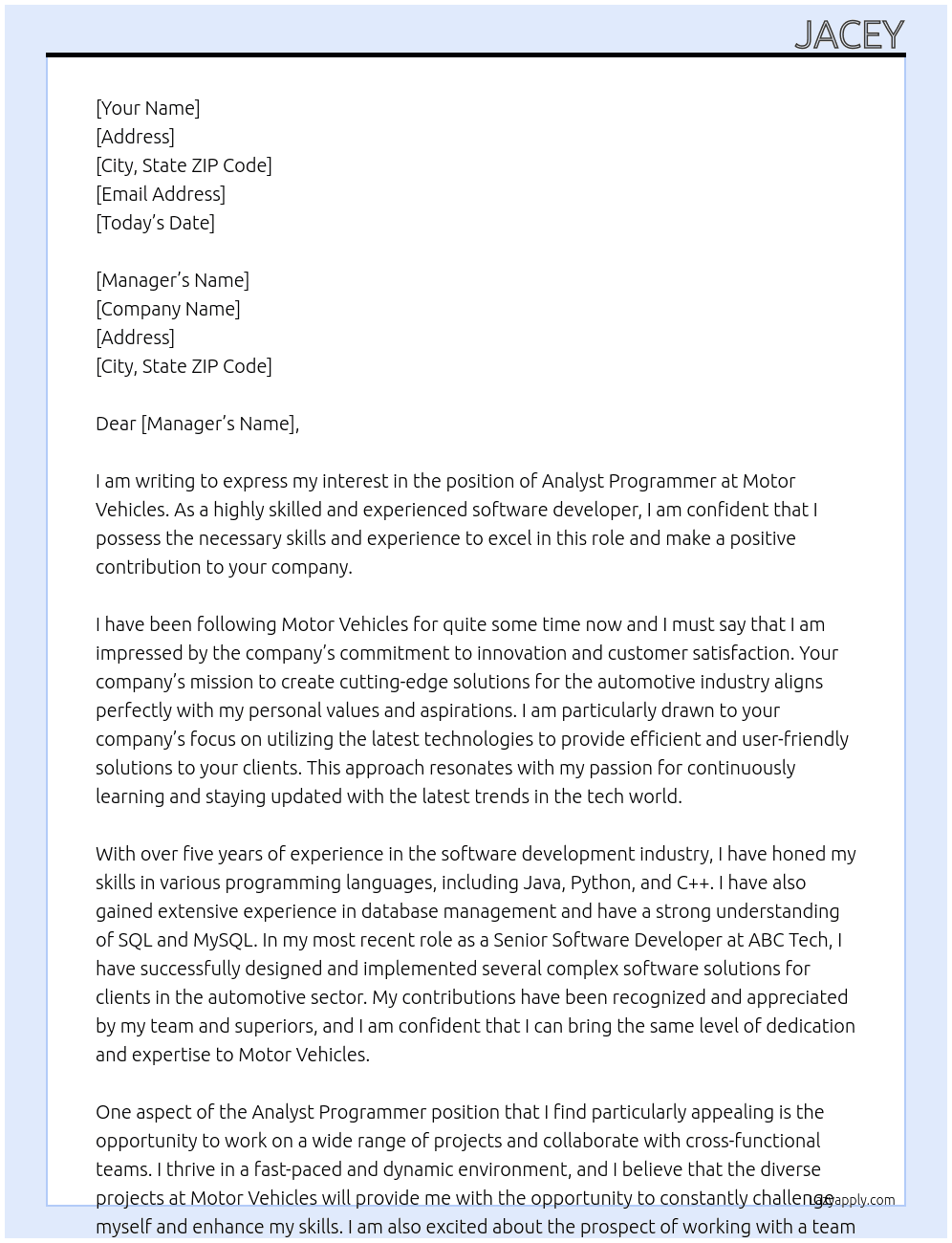 Analyst Programmer At  Motor Vehicles Cover Letter
