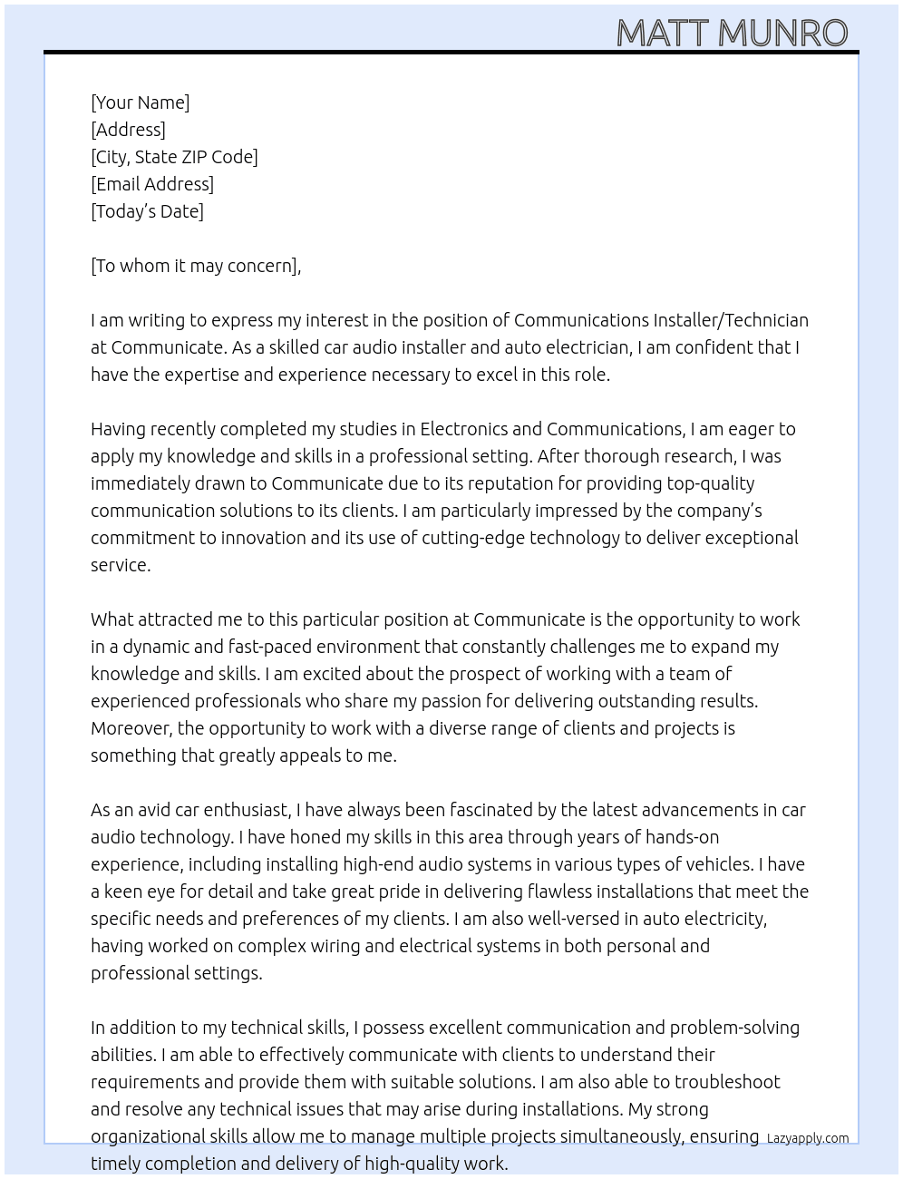 Communications Installer/Technician At Communicate Cover Letter