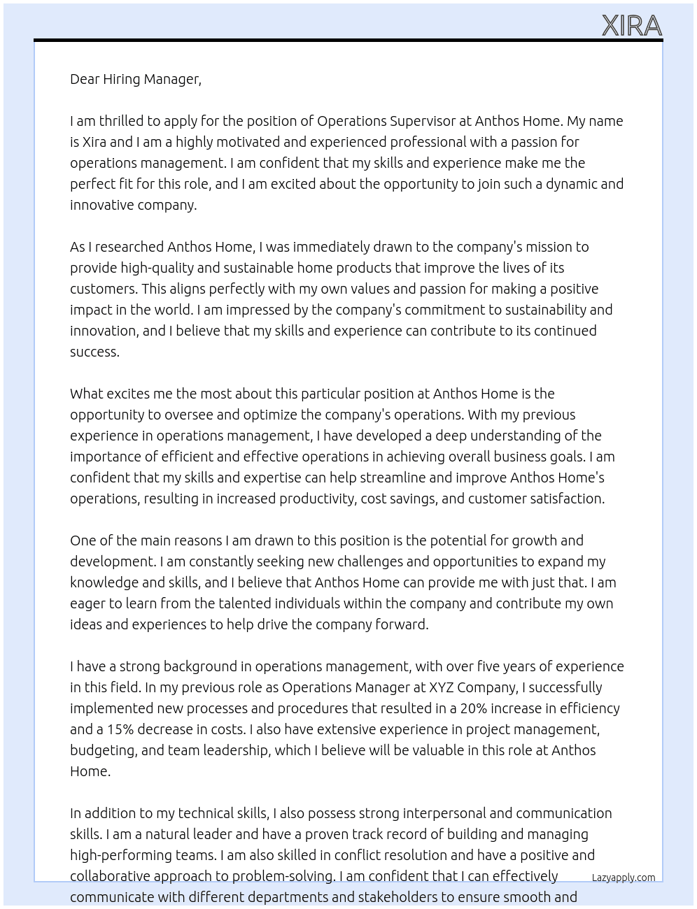 operations supervisor At Anthos Home Cover Letter