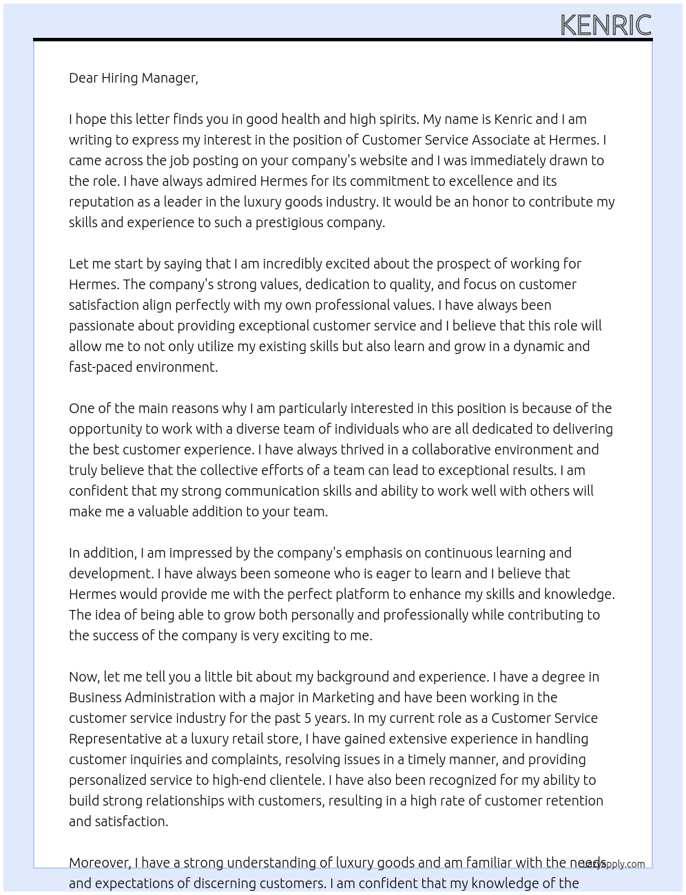 Customer Service Associate At Hermes Cover Letter
