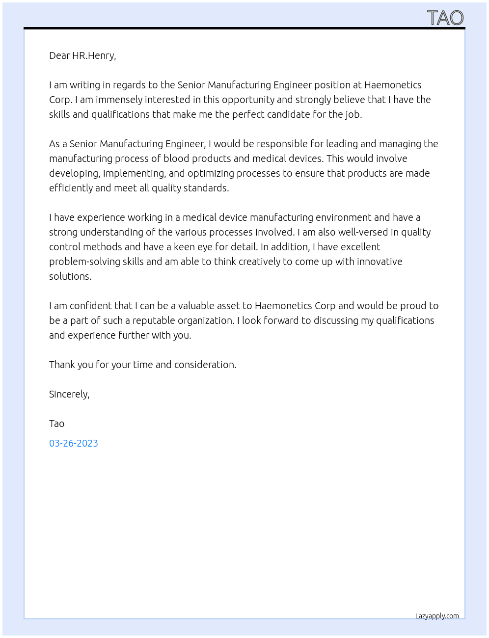 Senior Manufacturing Engineer At Haemonetics Corp. Cover Letter
