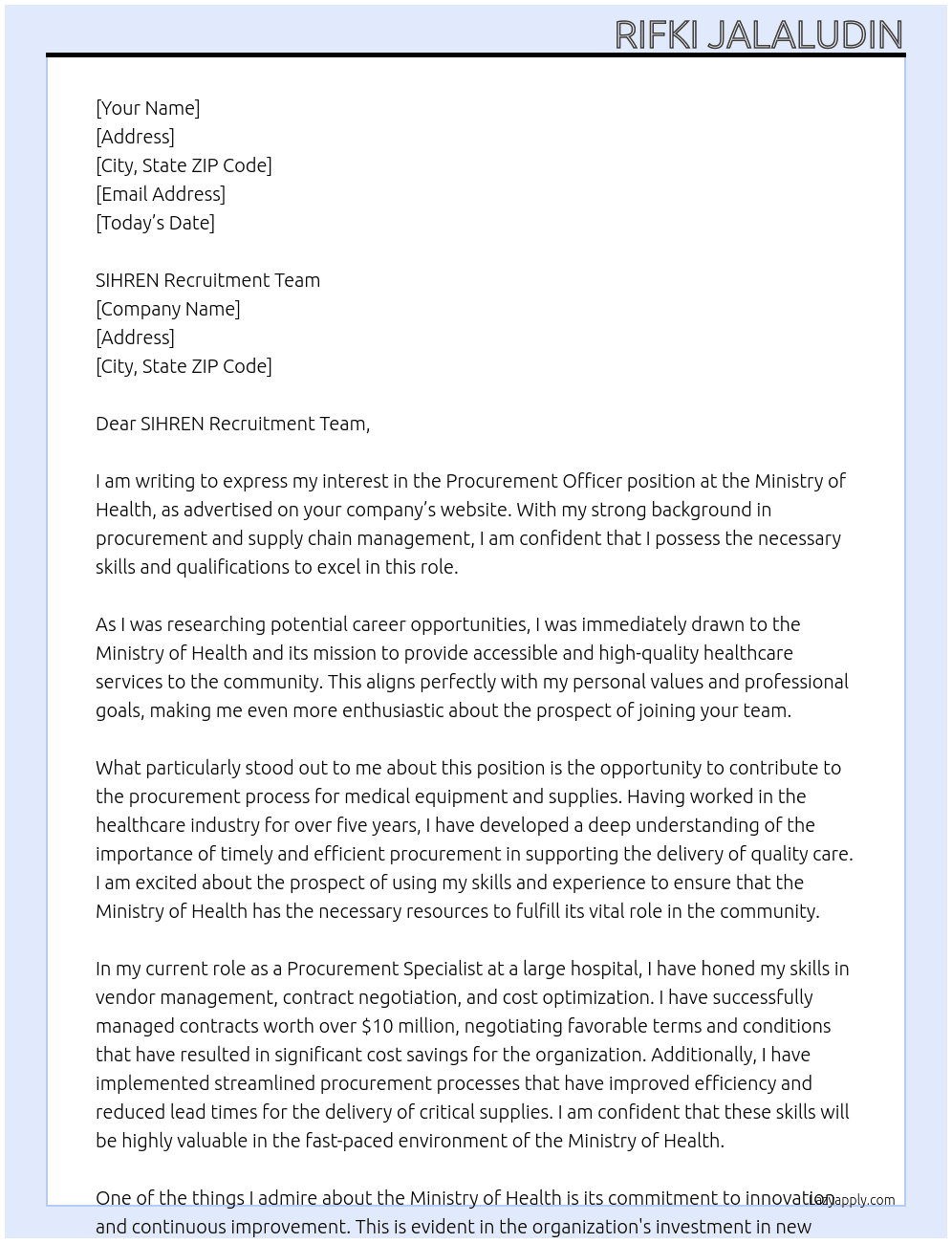 Procurement Officer At Ministry of Health Cover Letter