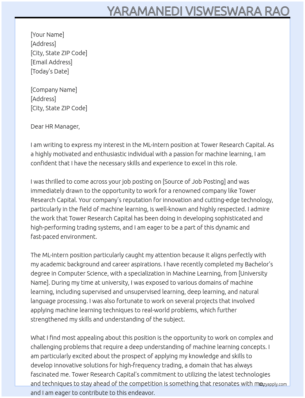 Ml-Intern At Tower Research Capital Cover Letter