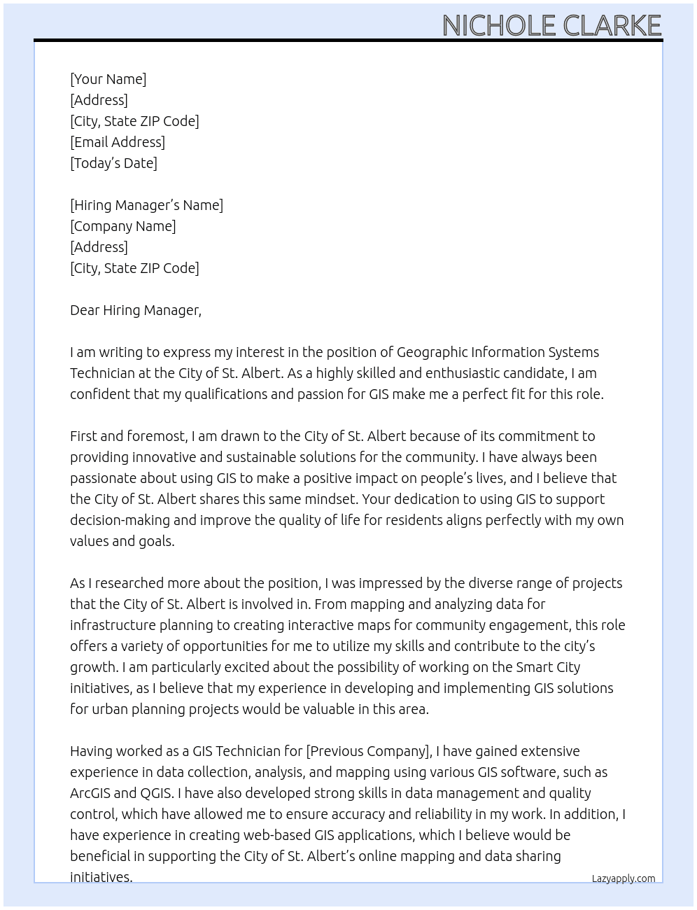 Geographic Information Systems Technician At City of St. Albert Cover Letter