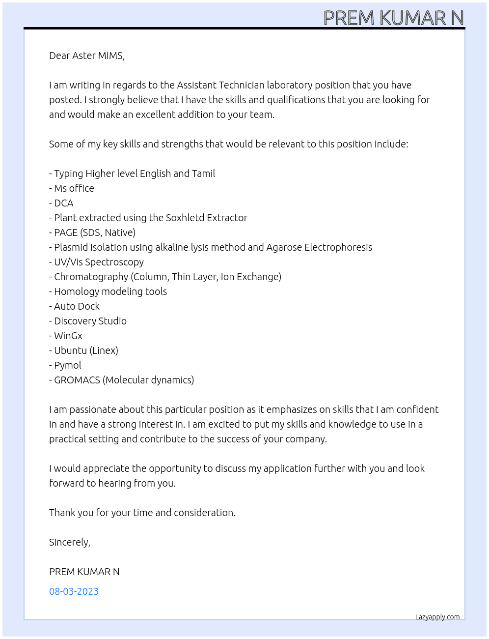 Assistant Technician laboratory  At Aster MIMS Cover Letter