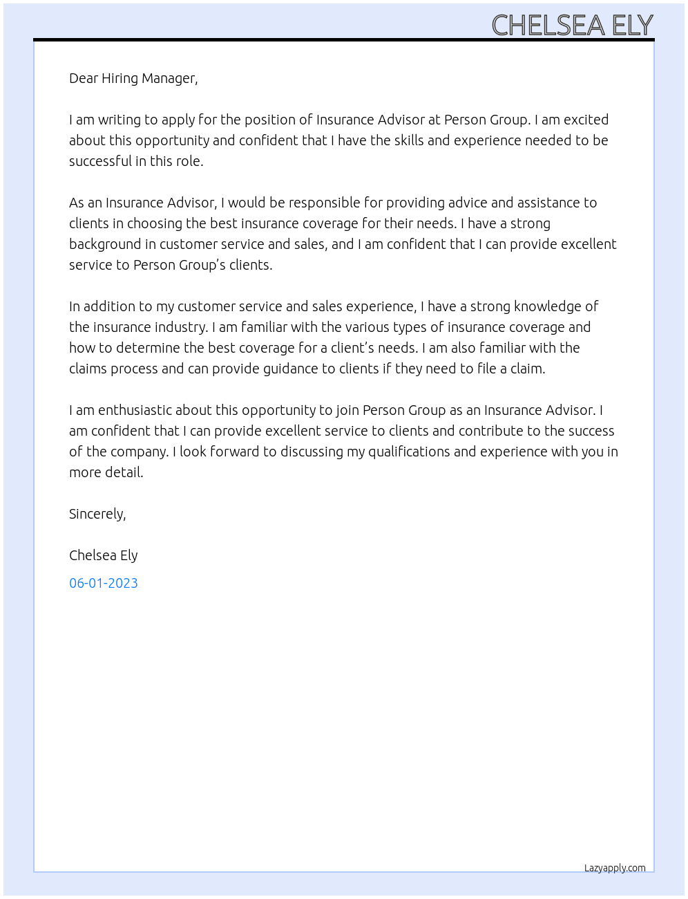 Insurance Advisor  At Person Group  Cover Letter