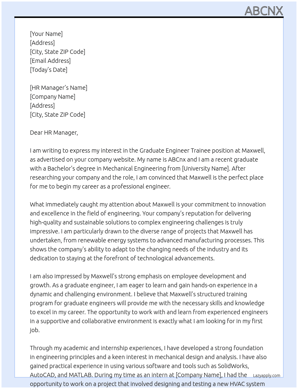 Graduate Engineer Trainee  At Maxwell  Cover Letter