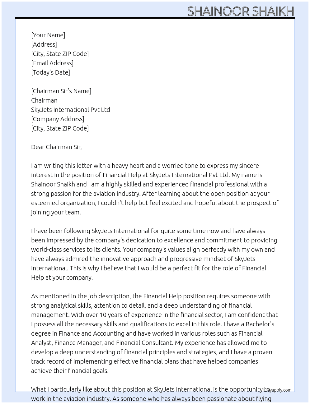 Financial help At SkyJets international Pvt ltd Cover Letter