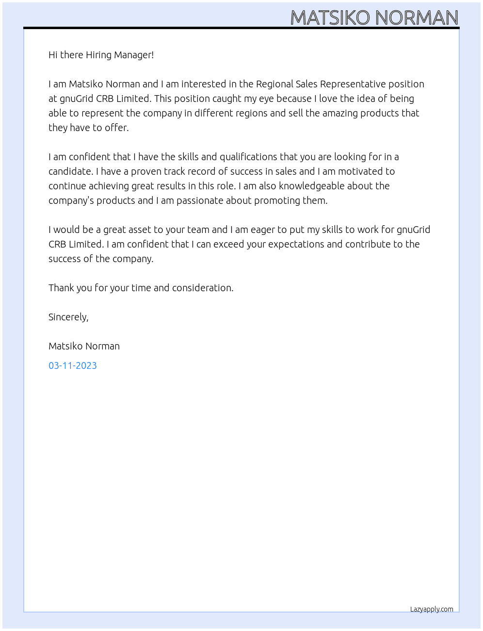 Regional sales representative At gnuGrid CRB Limited Cover Letter