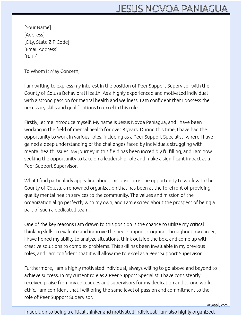 Peer Support Supervisor  At County of Colusa Behavioral Health  Cover Letter