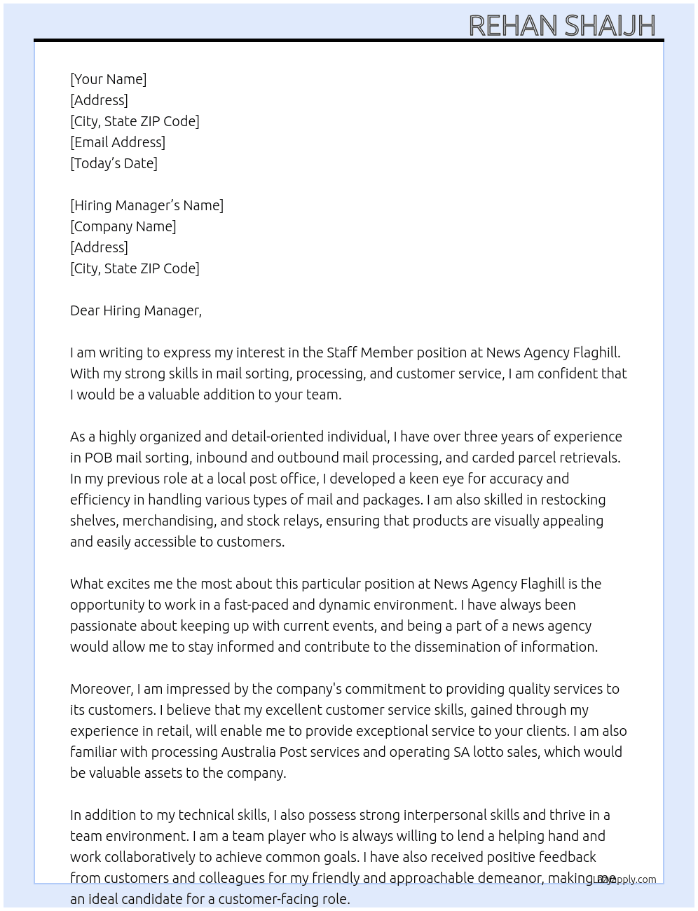 Staff member  At news agency flaghill  Cover Letter