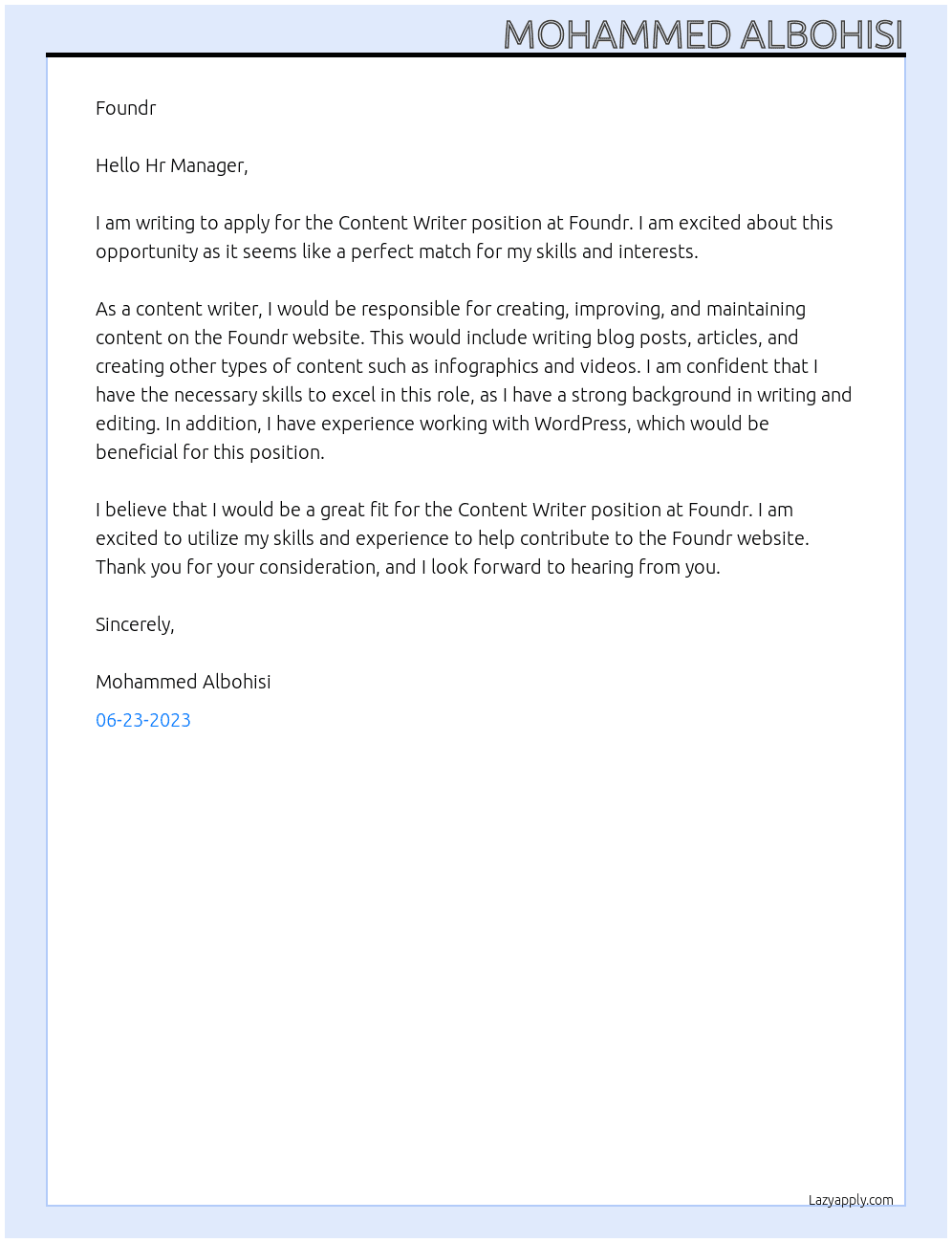 Content writer  At Foundr Cover Letter