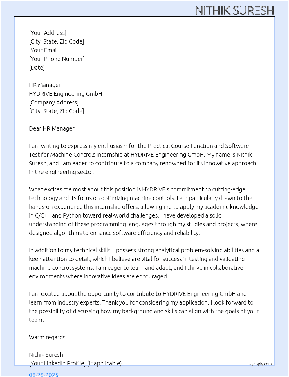 Cover letter for practical course function and software test for machine controls - LazyApply