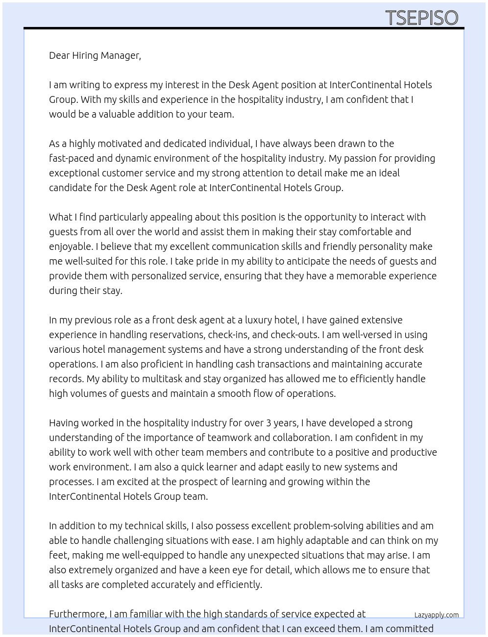 Desk agent At InterContinental Hotels Group Cover Letter