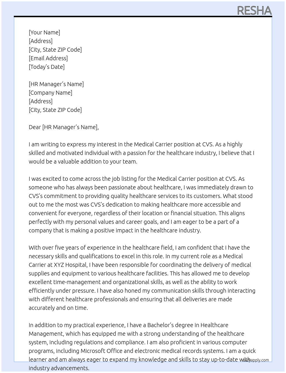 medical carrier  At cvs Cover Letter