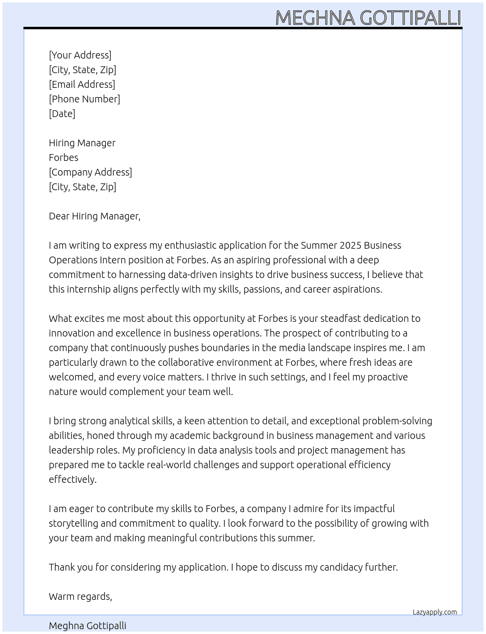Summer 2025 Business Operations Intern  At Forbes Cover Letter