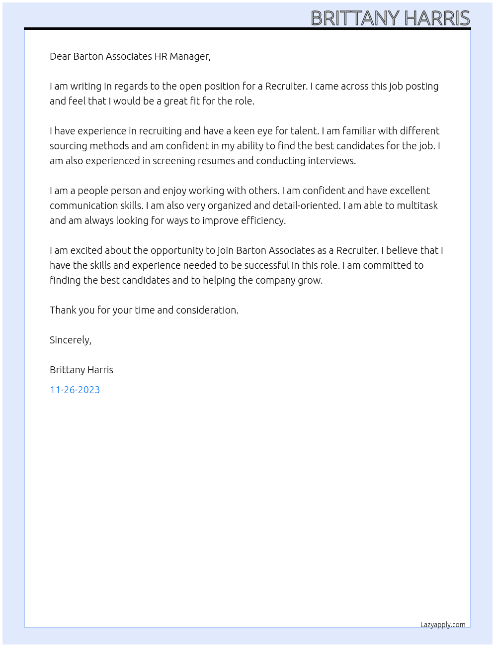 Recruiter At Barton Associates Cover Letter