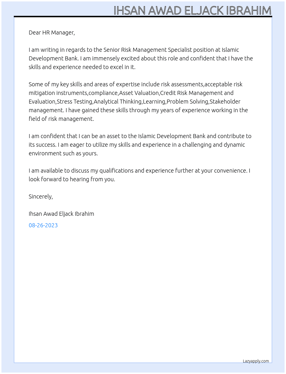 Senior Risk Management Specialist At Islamic Development Bank Cover Letter