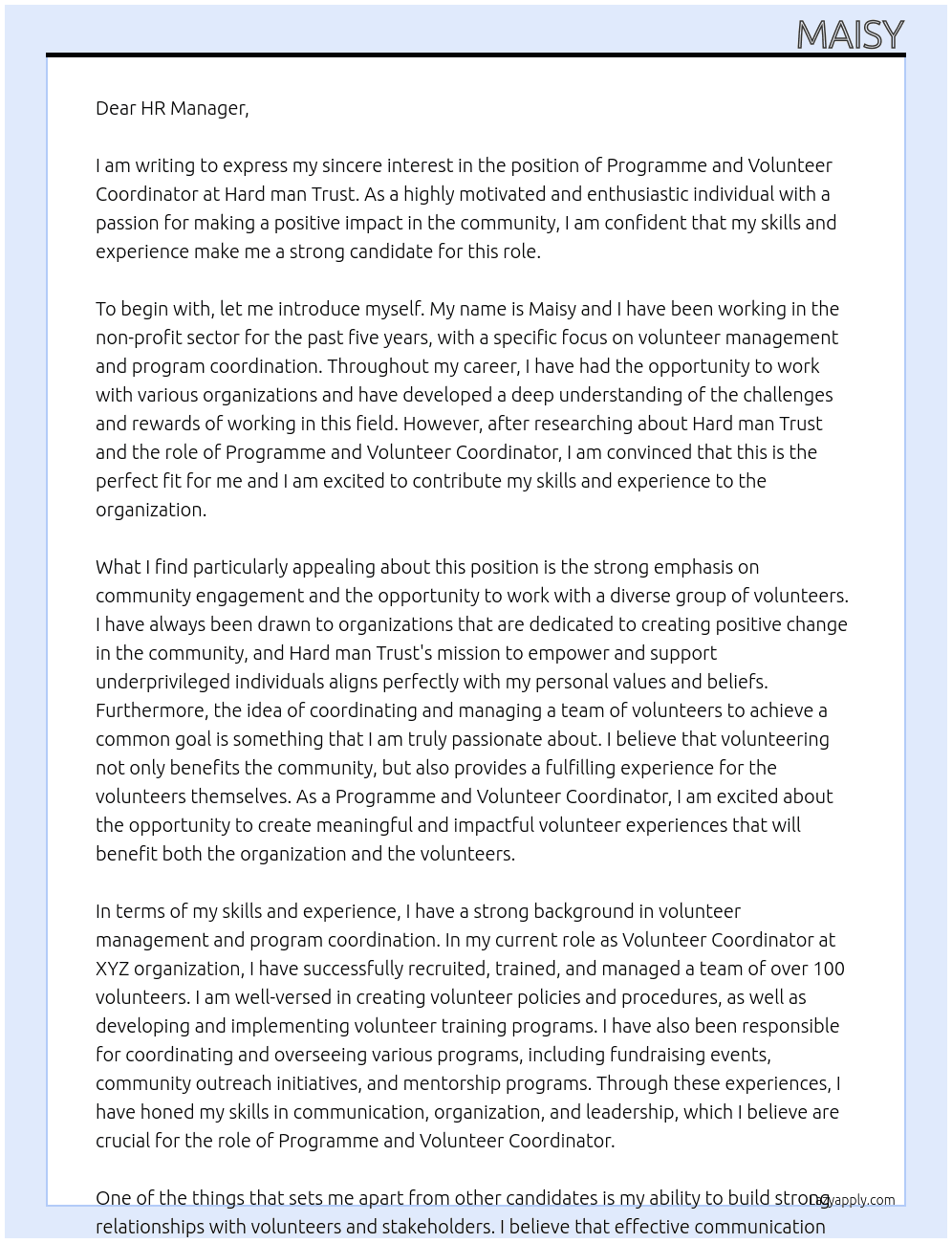 Programme and Volunteer Coordinator At Hard man Trust Cover Letter