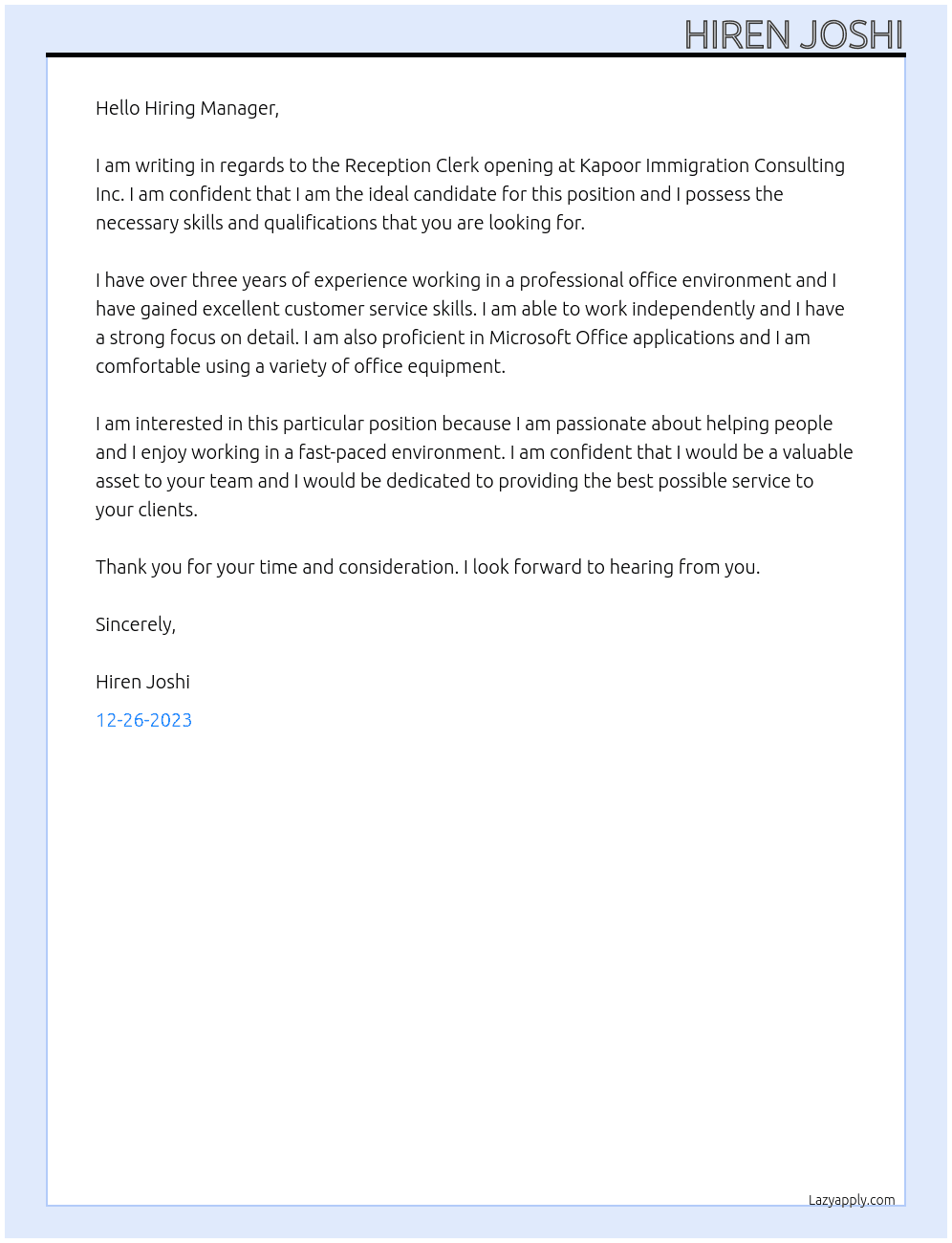 Reception clerk, office At  Employer detailsKapoor Immigration Consulting Inc Cover Letter