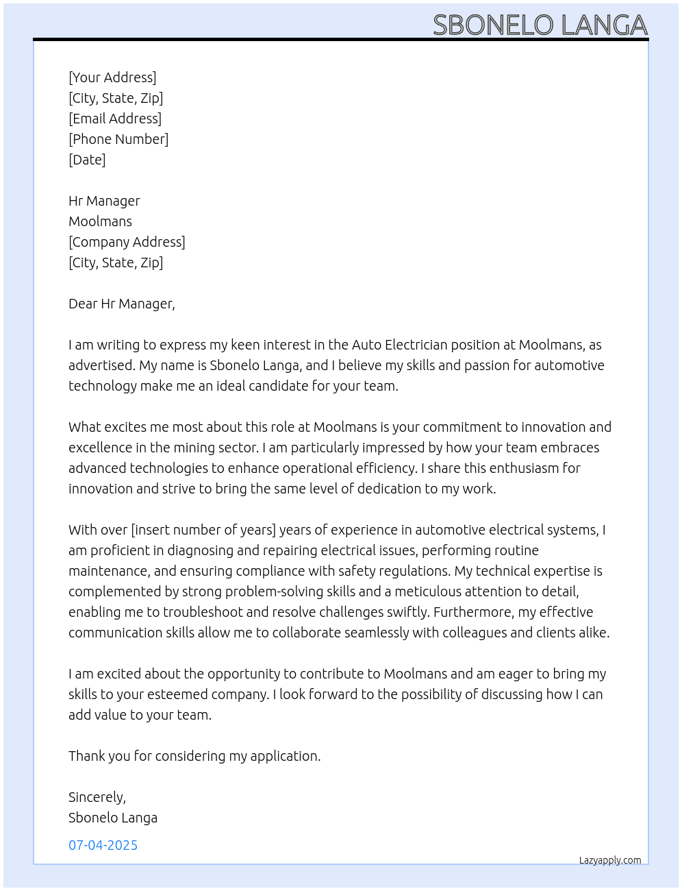 Auto Electrician  At Moolmans Cover Letter
